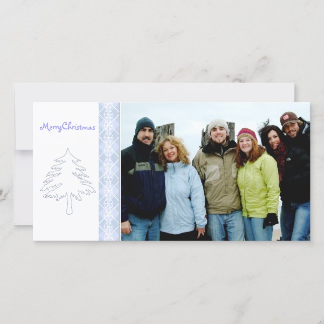 Blue Argyle Pine Tree & Snowflake Merry Christmas Holiday Card (Front)