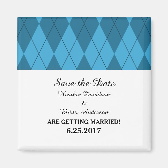 Blue Argyle Save the Date Magnet (Front)