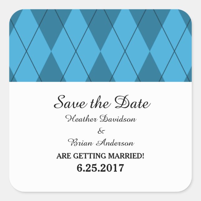 Blue Argyle Save the Date Stickers (Front)