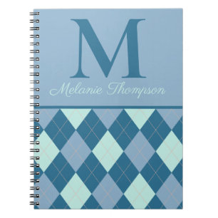 Blue Argyle Vintage Pattern Custom Name Monogram Notebook