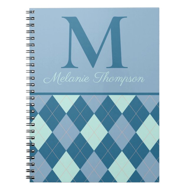 Blue Argyle Vintage Pattern Custom Name Monogram Notebook (Front)