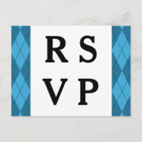 Blue Argyle Wedding Response Postcard