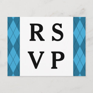 Blue Argyle Wedding Response Postcard
