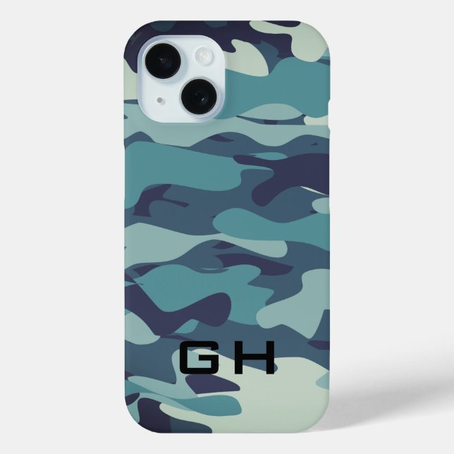 Blue army camo custom monogram iPhone 15 case (Back)
