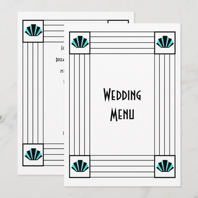 Blue Art Deco Design Wedding Menu (Front/Back)