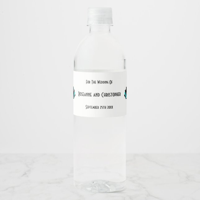 Blue Art Deco Design Wedding Water Bottle Label (Front)