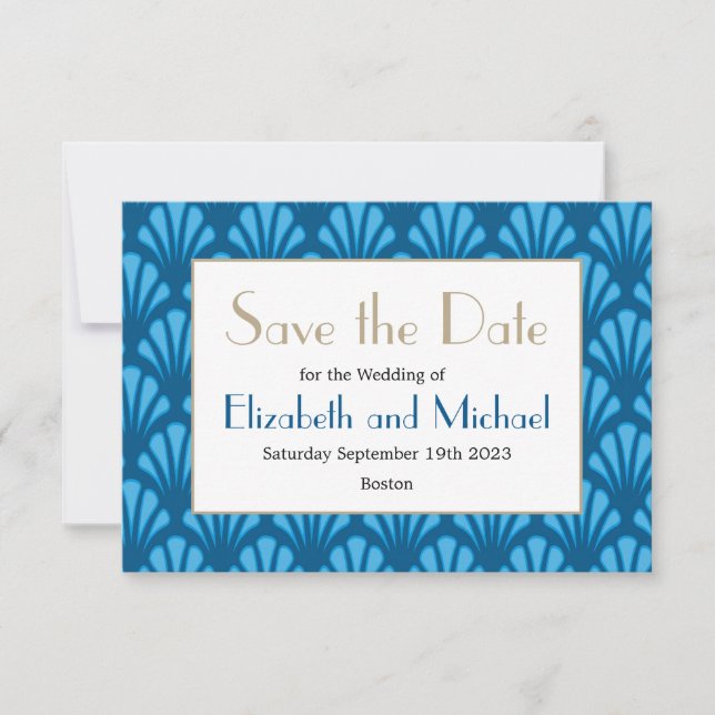 Blue Art Deco Modern Elegant  Save the Date (Front)
