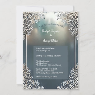 blue art deco ornate frame wedding invite