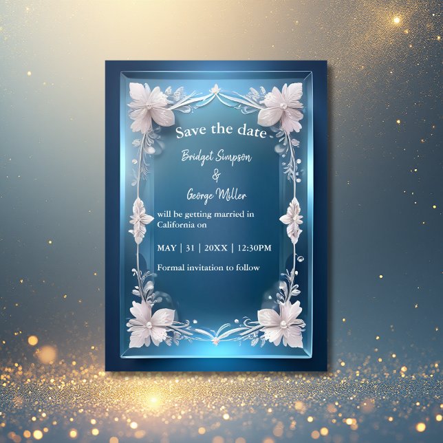 blue art deco ornate frame wedding safe the date  invitation (Creator Uploaded)