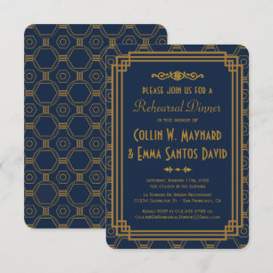 Blue Art Deco Rehearsal Dinner Invites
