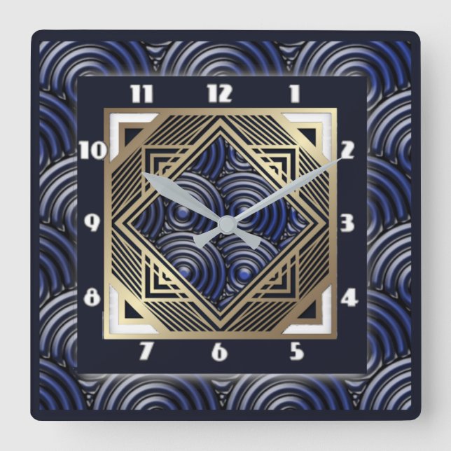 Blue art deco square wall clock (Front)