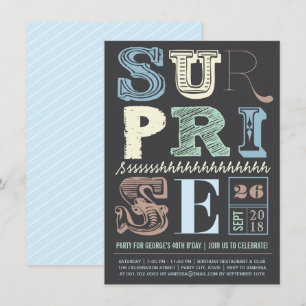 Blue Art Deco Surprise Party Adult Birthday Invite
