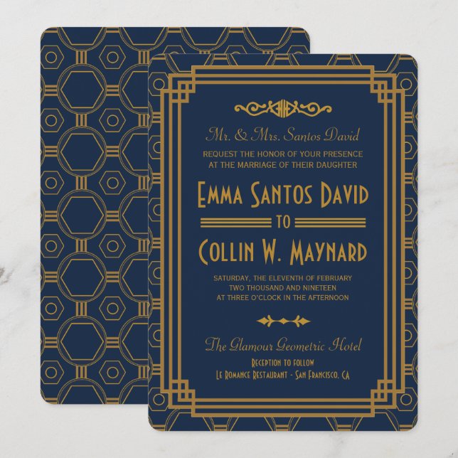 Blue Art Deco Wedding Invites (Front/Back)