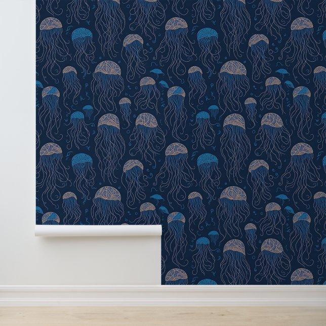 Blue Art Nouveau Jellyfish Sea Life Pattern Wallpaper (Application)