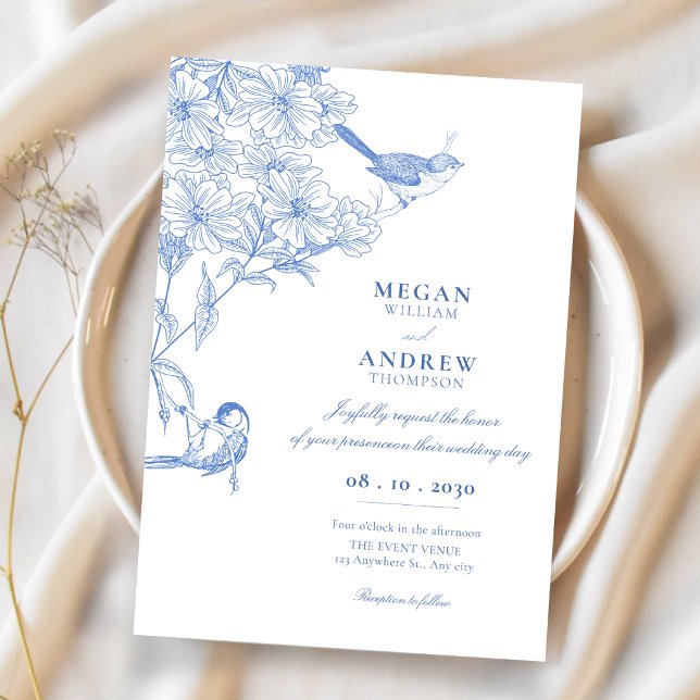 Blue artistic botanical bird wedding invitation (Creator Uploaded)