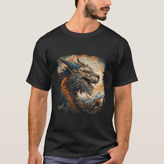 Blue Asian Dragon Moon Mountain Clouds Japanese An T-Shirt (Front)
