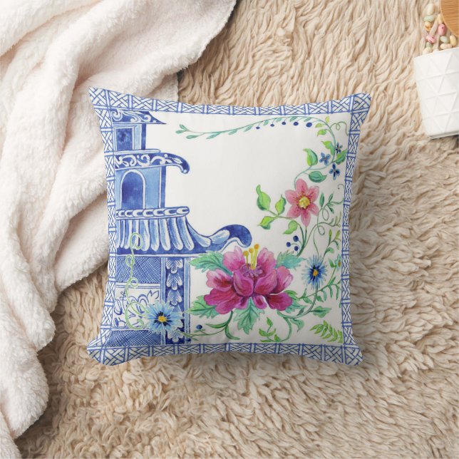 Blue Asian Influence Chinoiserie Floral Pagoda Throw Pillow (Blanket)