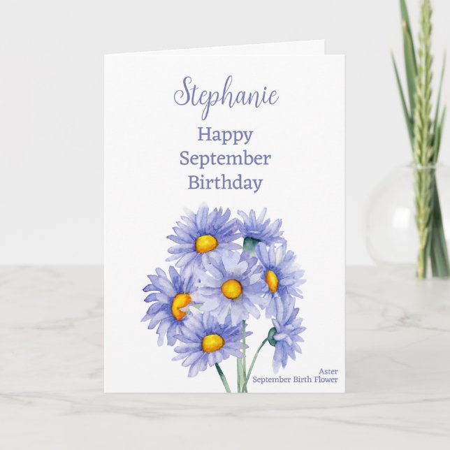 Blue Asters September Birthday Birth Month Flower Card (Front)