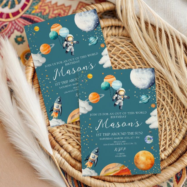 Blue Astronaut Balloon Planets 1st Trip Around Invitation (Creator Uploaded)