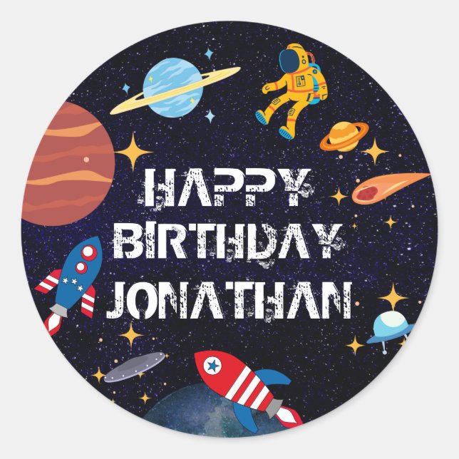 Blue Astronaut Birthday Planets Name Classic Round Sticker (Front)