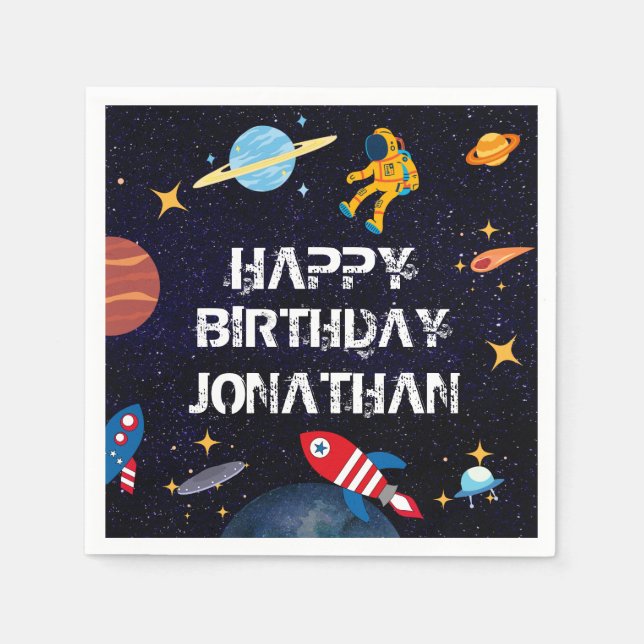 Blue Astronaut Birthday Planets Name Napkin (Front)