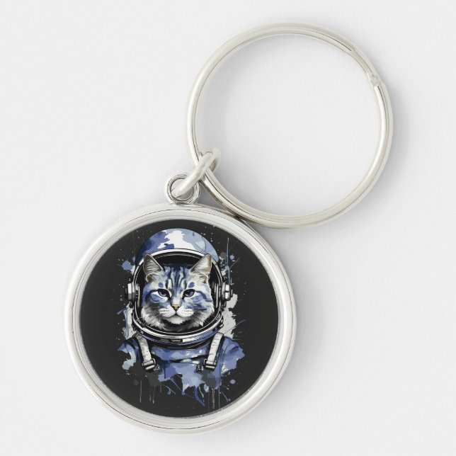 Blue Astronaut Cat Splash Design Keychain (Front)