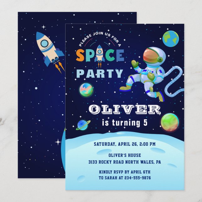 Blue Astronaut Galaxy Outer Space Party Birthday Invitation (Front/Back)