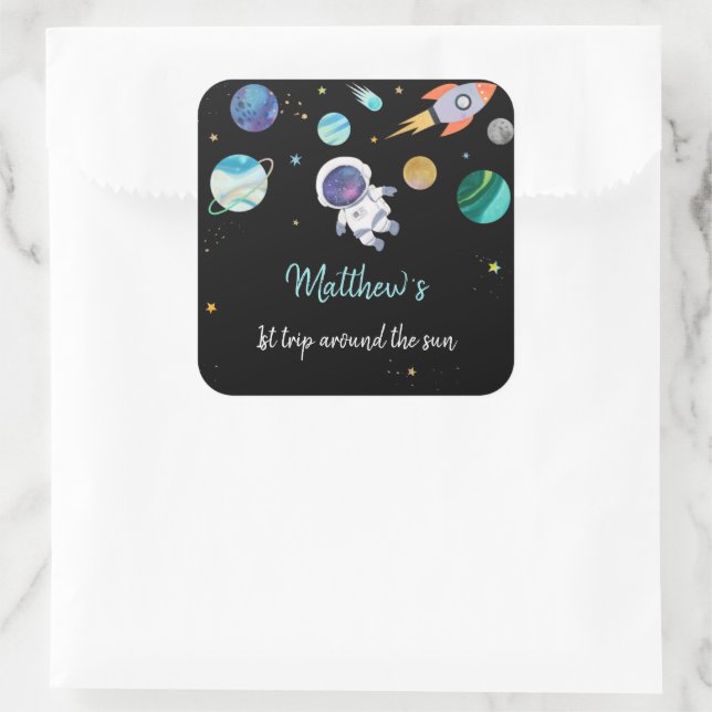 Blue Astronaut Outer Space First Birthday Square Sticker (Bag)
