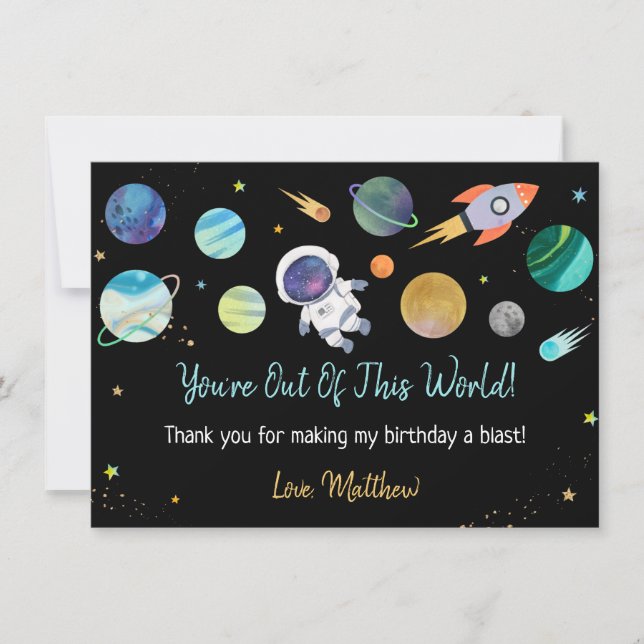 Blue Astronaut Outer Space First Birthday Thank You Card (Front)