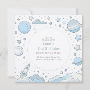 Blue Astronaut Outer Space Rocket Kids Birthday Invitation