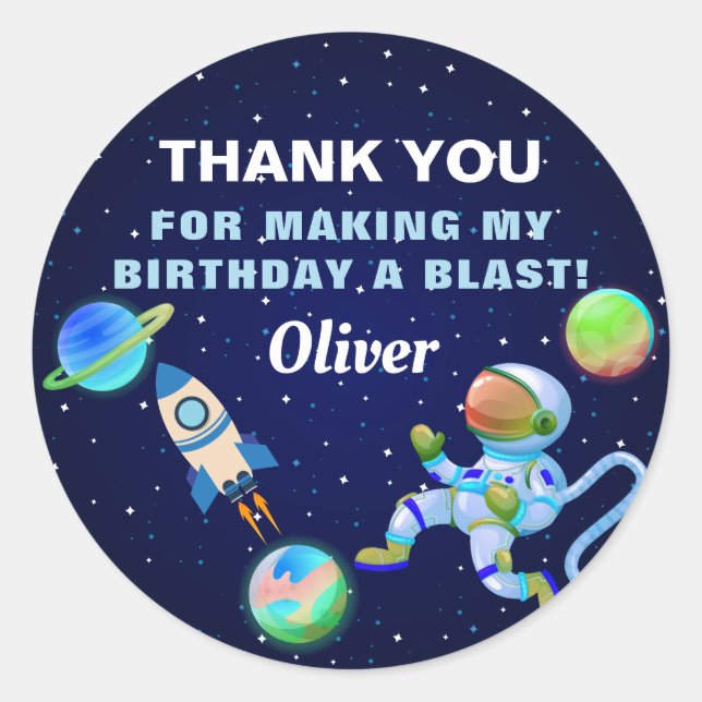Blue Astronaut Outer Space Rocket Ship Birthday Classic Round Sticker (Front)