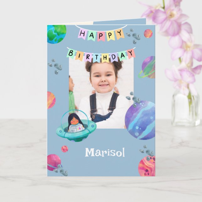 Blue Astronaut Photo Name Birthday Card (Orchid)