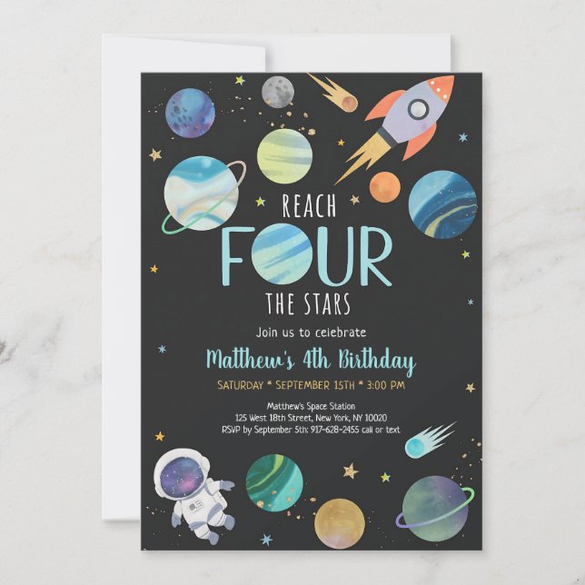Blue Astronaut Rocket Ship Fourth Birthday Invitation (Front)