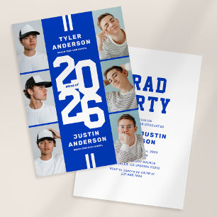 Blue Athlete Photo Collage Joint Graduation Party Invitation
