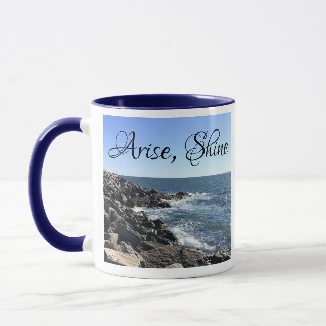 Blue Atlantic Ocean Bible Verse Seashore Waves Mug (Left)