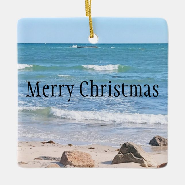 Blue Atlantic Ocean Merry Christmas Wavy Sea Ceramic Ornament (Front)