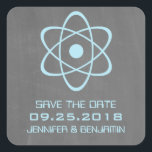 Blue Atomic Chalkboard Save the Date Stickers<br><div class="desc">Cute and nerdy Atomic Chalkboard Save the Date Stickers featuring a simple atomic symbol in light blue on a chalkboard look background. These geeky and fun save the date stickers are perfect for announcing your science themed wedding! Easy to customize, simply add the details of your wedding in the spaces...</div>