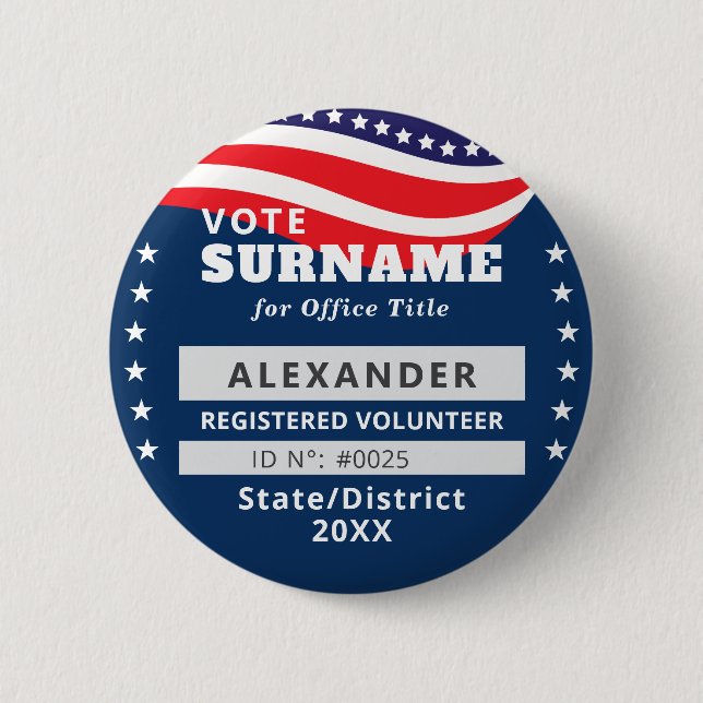Blue Authorized Volunteer Election Campaign ID 2 Inch Round Button (Front)