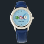 Blue Autism Custom Kids Watch<br><div class="desc">A peace sign, heart, and an autism ribbon for autism awareness for people on the spectrum. A cute children's watch in blue personalized with a child's name.</div>