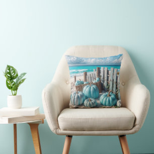 Blue Autumn Beach Pumpkins Throw Pillow
