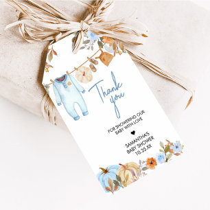 Blue Autumn Floral Pumpkin Baby Shower Favour Tags