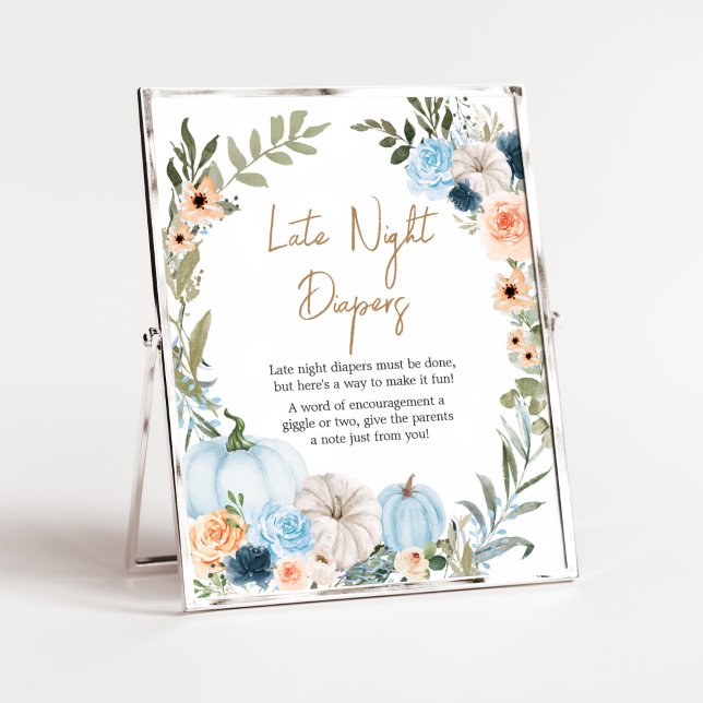 Blue Autumn Flowers Pumpkin Late Night Diapers Poster (Autumn Little Pumpkin Baby Shower Late Night Diapers Sign)