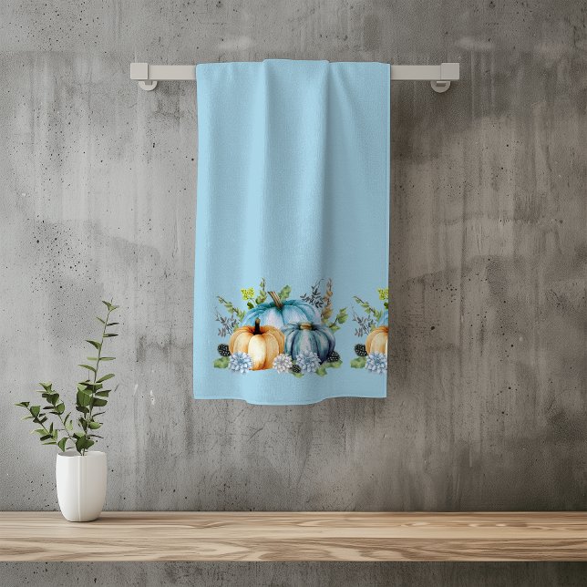 Blue Autumn Pumpkin Watercolor Thanksgiving Bath Towel Set (Creator Uploaded)