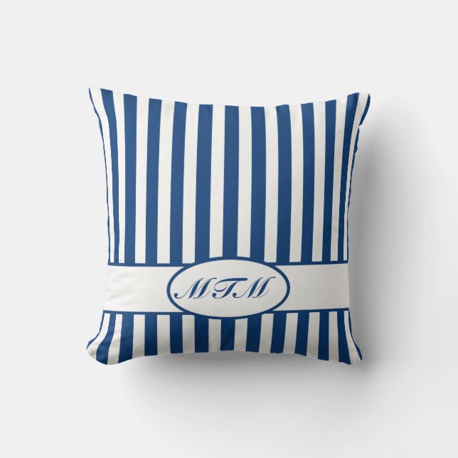 Blue Autumnal Stripes with monogram Throw Pillow (Front)