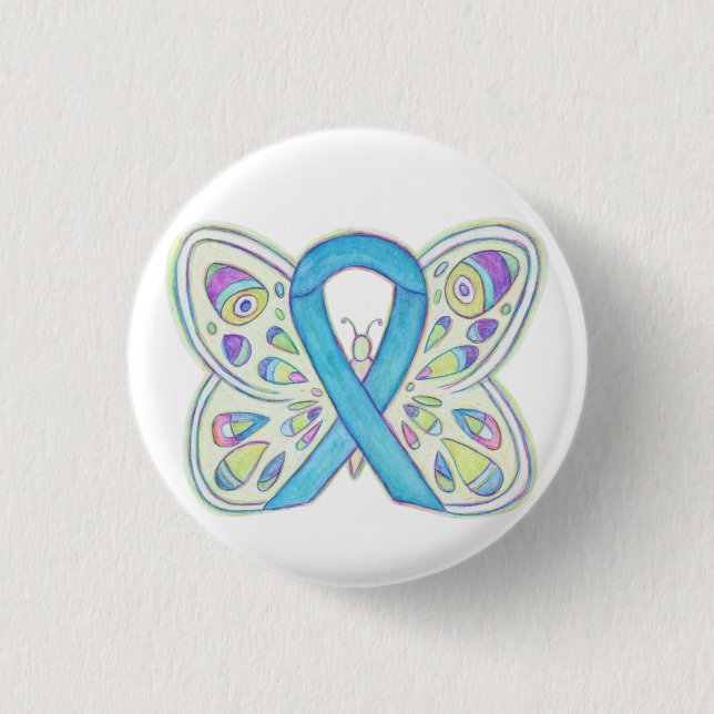 Blue Awareness Ribbon Butterfly Custom Art Buttons (Front)