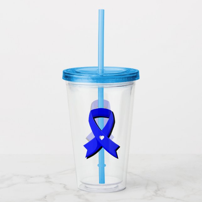 Blue Awareness Ribbon White Heart Acrylic Tumbler (Front)