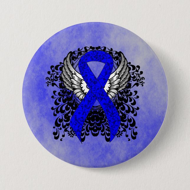 Blue Awareness Ribbon with Wings 3 Inch Round Button (Front)