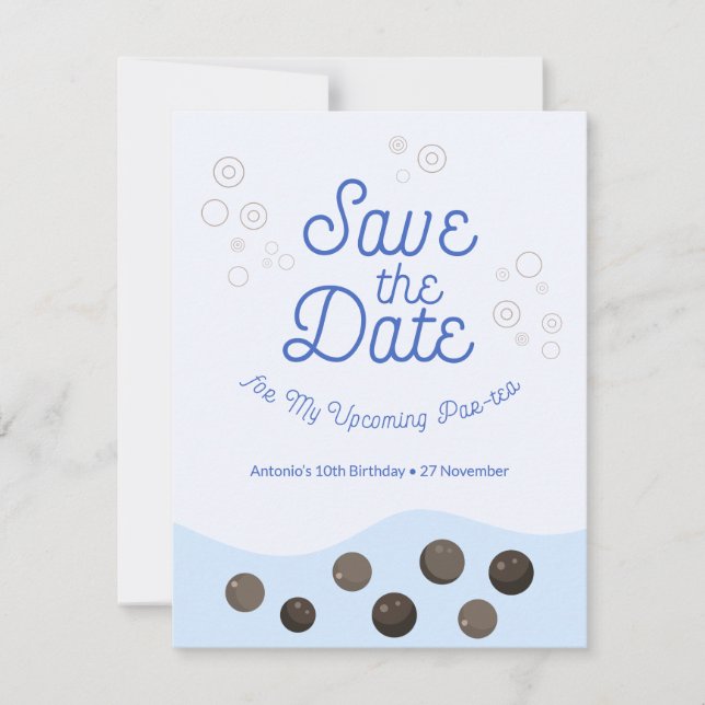 Blue Axolotl Bubble Tea Par-tea Birthday Party Save The Date (Front)