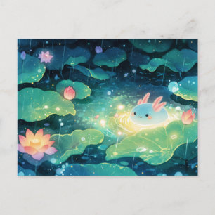Blue Axolotl in Magical Rainy Night Pond Postcard