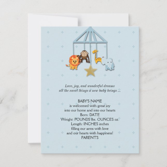 Blue Baby Animal Mobile Baby Announcement (Front)